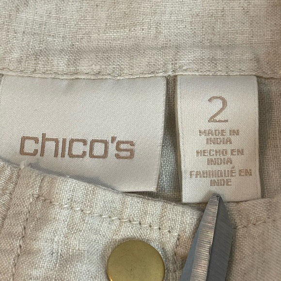 Chico's 100% Linen Size 2 3/4 Sleeve Jacket Beige W/Gold Accents - Picture 9 of 12